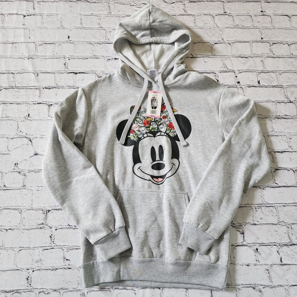 Disney Minnie Mouse Women's Small Floral Bow Hoodie Heather Gray NEW